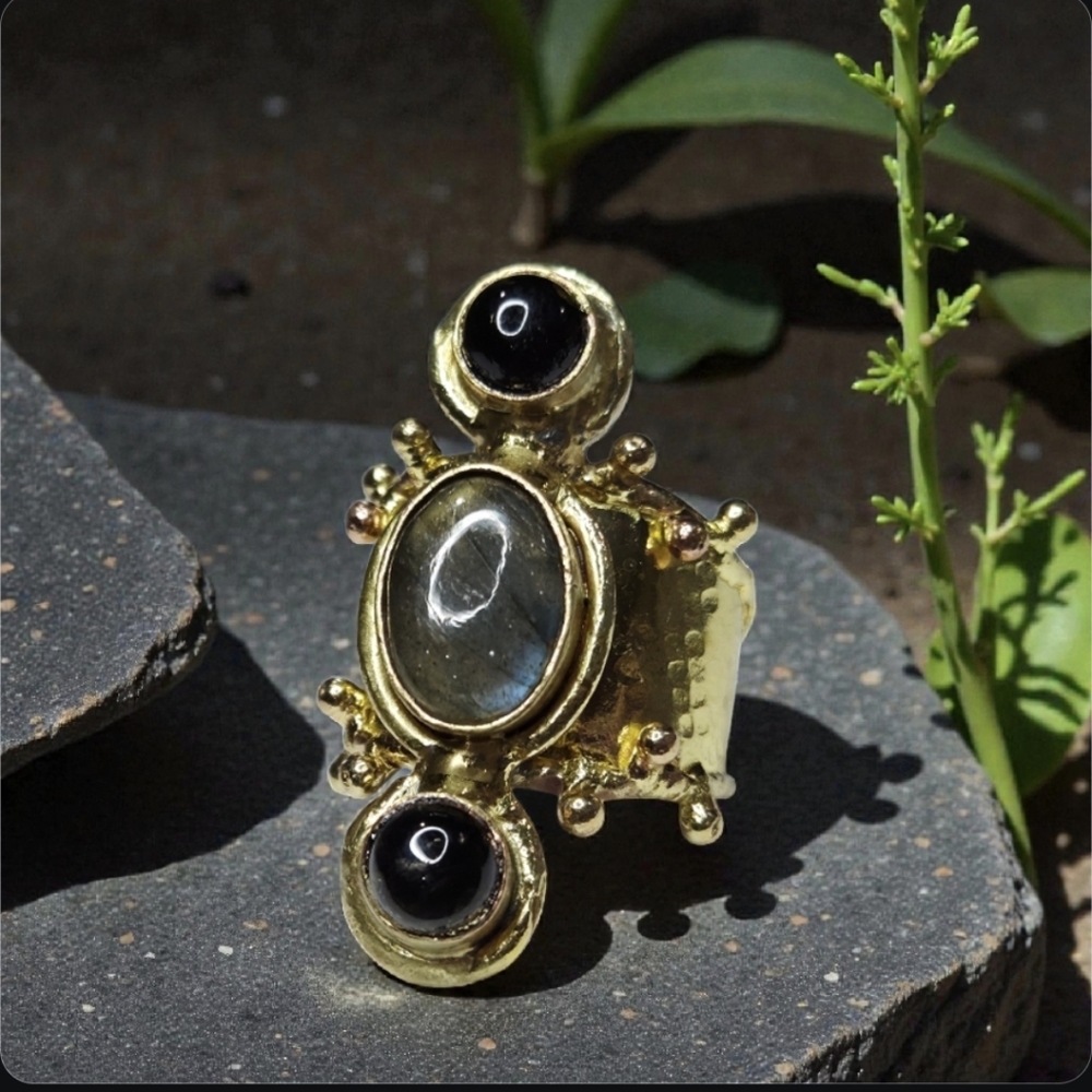 18k Gold Plated Artisan Labradorite & Onyx Statement Ring